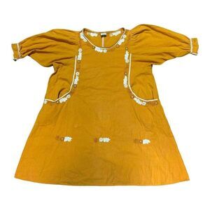 Vintage San Miguel Mexican Embroidered Shirt L Mustard Yellow Floral Cotton